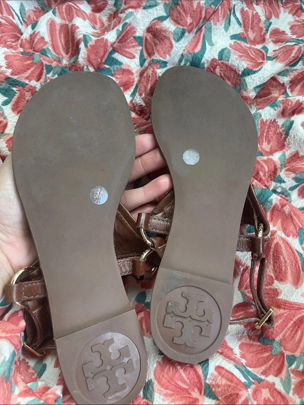 Tory Burch Brown Leather & Beige Canvas Logo Thong Sandals